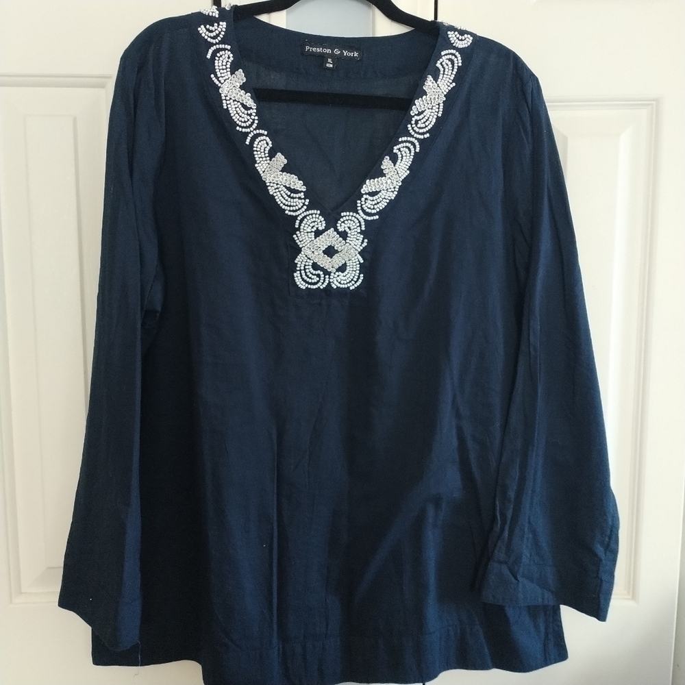 Preston & York Dark Navy V Neck w Beads & Sequins Tunic Top XL - Picture 2 of 14